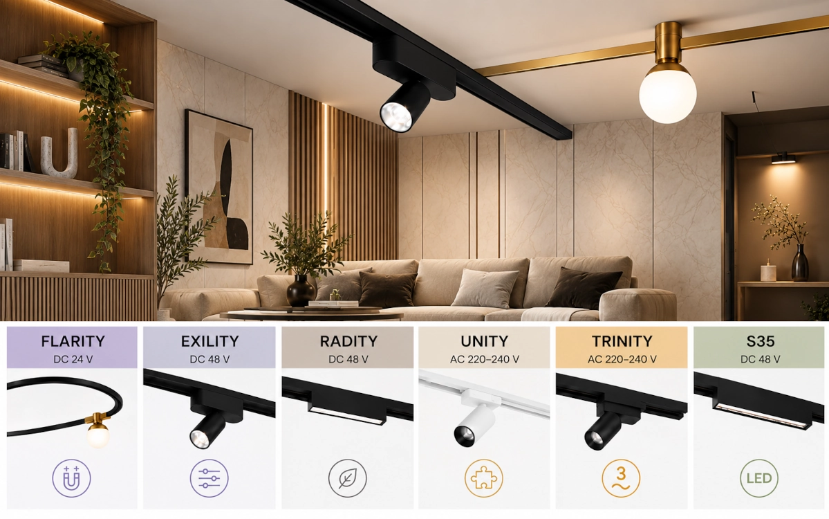 Maytoni Schienensysteme im Vergleich: FLARITY, EXILITY, RADITY, UNITY, TRINITY und S35 im Überblick